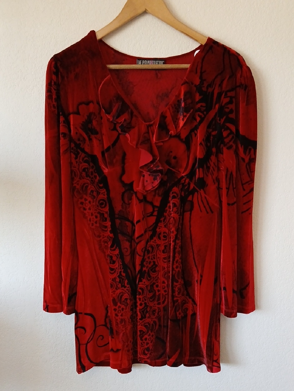 The Pyramid Collection Red Velvet Ruffle Long Sleeve Tunic